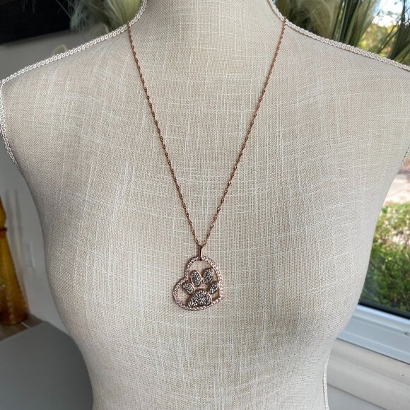 FAC Sparkly Crystal Paw Print Necklace Rose Gold Tone - Picture 2 of 8